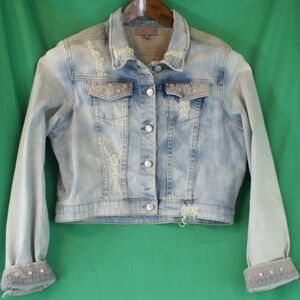 Y2K Vintage Harper Large Distressed Denim Trucker Jacket Light Wash Boho Studded